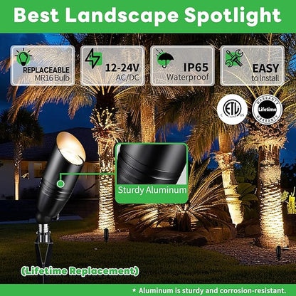 Black LED Outdoor Spotlights, Durable Low Voltage Landscape Lighting, Aluminum Waterproof Uplights for House, Garden, Lawn Without MR16 Bulb 6 Pack