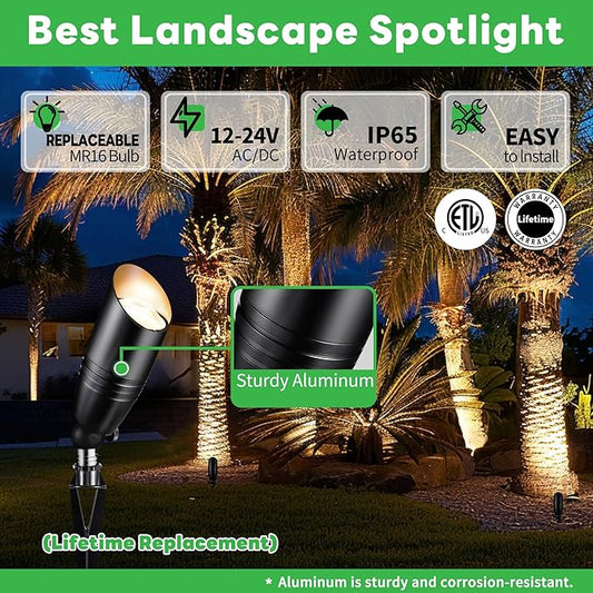 Black LED Outdoor Spotlights, Durable Low Voltage Landscape Lighting, Aluminum Waterproof Uplights for House, Garden, Lawn Without MR16 Bulb 6 Pack