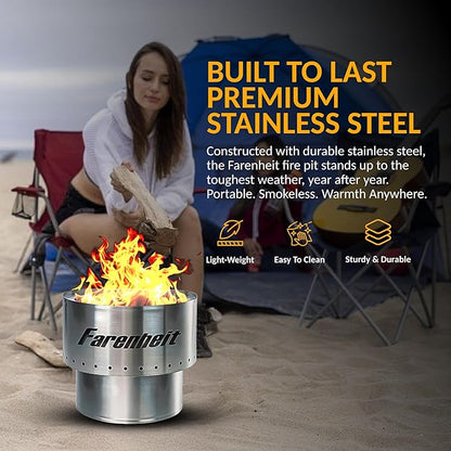 Farenheit 13.5" Stainless Steel Smokeless Fire Pit | Portable Outdoor Wood Burning Firepit for Backyard, Camping, Patio & Deck | Compact Low Smoke Design