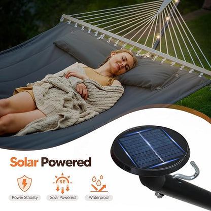 SUNCREAT Double Hammock with 12 ft Stand, Solar Powered Lights Included, Outdoor Hammock for Outside, Dark Gray