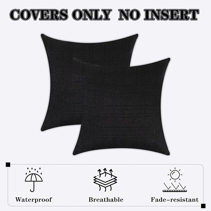 Kevin Textile Pack of 2 Decorative Outdoor Waterproof Throw Pillow Covers Checkered Pillowcases Classic Cushion Cases for Patio Couch Bench 16 x 16 Inch Black