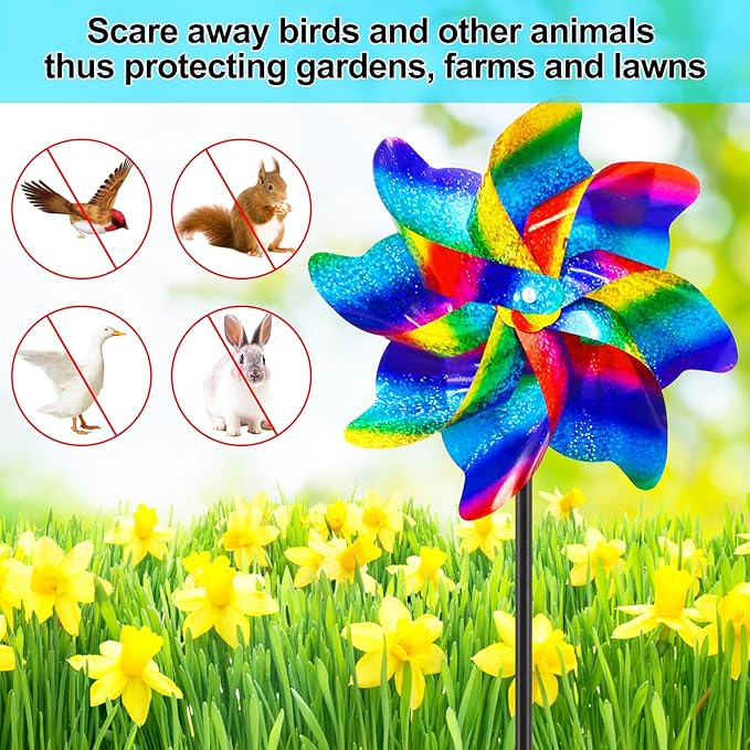 10 Packs Rainbow Pinwheels Outdoor Wind Spinners Pin Wheel Windmills Sparkly Gradient Scare Birds Animal Away Wheel Spinners Yards Garden Decor
