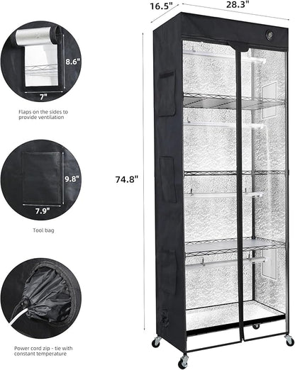 WORTH Mini Greenhouse with LED Grow Lights & Digital Thermo-Hygrometer – Portable Indoor Plant Grow Tent with Oxford Fabric Cover, Adjustable Shelves, Casters & Ventilation Flaps for Seed Starting