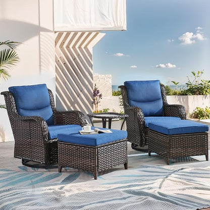 Patio Swivel Chairs with Smile-Shaped Cushions, 3 Piece High Back Patio Swivel Glider Chairs with Side Table 3PCS PE Rattan Luxury Swivel Patio Chair Set Brown Wicker - Blue Cushions