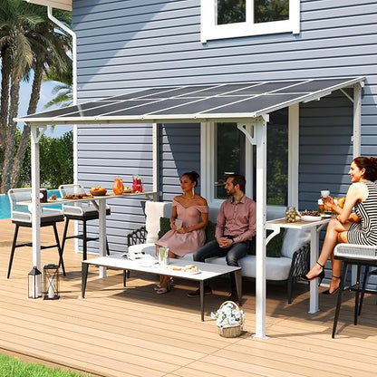 MEISSALIVVE 8' x 10' Wall Mounted Gazebo, Outdoor BBQ Grill Gazebo with Side Shelf, Lean to Metal Awnings with Sloped Roof, Heavy Duty Pergola for Backyard, Deck, White