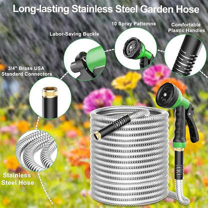 Metal Garden Hose 25ft, Stainless Steel Water Hose Leak-Proof w/10 Function Sprayer Nozzle, 5/8" Fittings Flexible Garden Hose, Long-Lasting, Lightweight, No-Kink Water Hose, for Yard and Lawn