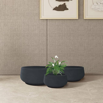 Kante 21.6",16.9",and 12.5" Dia Round Charcoal Elegant Planters (Set of 3), Outdoor Indoor Garden Plant Pot with Drainage Hole and Rubber Plug for Home & Patio