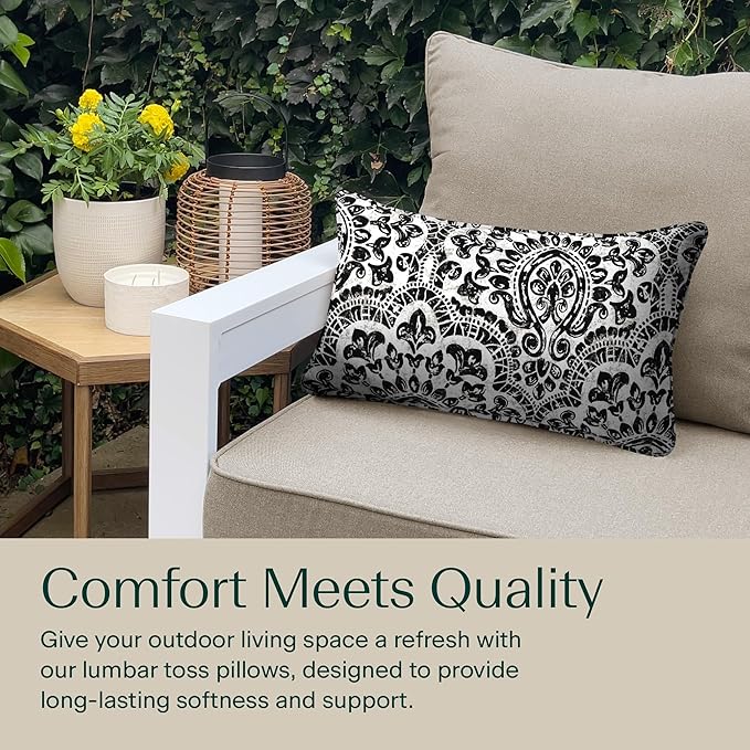 Honeycomb Outdoor Lumbar Toss Pillow Set, 20" W x 12" L, Sorrento Black and White Outdoor Pillows