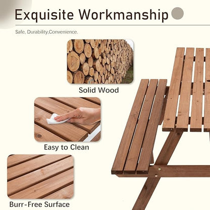 Picnic Table with Bench for 8 Person Outdoor Wooden Rectangle Table for Patio Garden Backyard Large Outside Dining Table Set with Umbrella Hole 6.26FT Brown