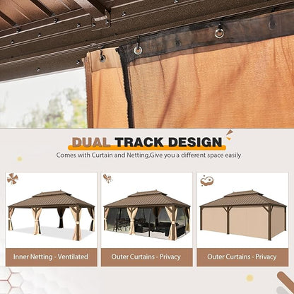 EROMMY 12'x22' Hardtop Gazebo, Galvanized Steel Double Roof Canopy with Aluminum Frame Permanent Metal Pavilion with Netting and Curtains for Patio Backyard Deck and Lawns
