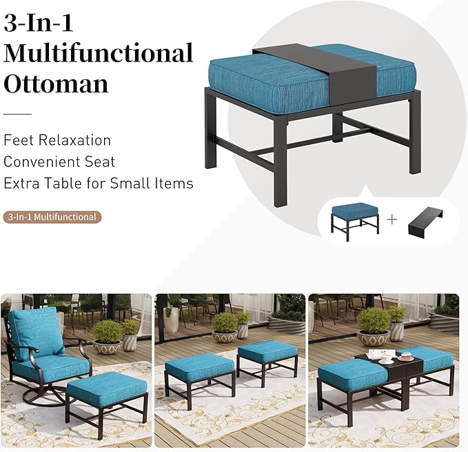7 Piece Metal Outdoor Patio Furniture Set, Patio Conversation Sets 3-seater Sofa, 4 Fixed Chair, 2 Ottomans with 5.75" Thick Cushion, Black All-weather Frame Backyard Furniture, Blue-2