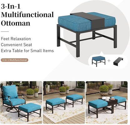 7 Piece Metal Outdoor Patio Furniture Set, Patio Conversation Sets 3-seater Sofa, 4 Fixed Chair, 2 Ottomans with 5.75" Thick Cushion, Black All-weather Frame Backyard Furniture, Blue-2