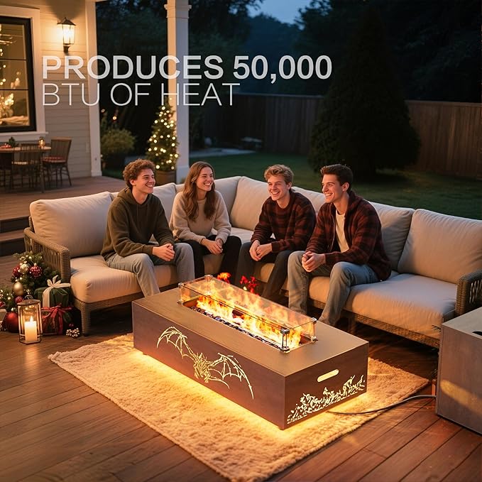 42" Outdoor Fire Pit Table, 50,000 BTU Gas Fire Pit with Glass Wind Guard, Fire Stones, Waterproof Cover, Propane Fire Pit Table for Outside Patio, Hollow-Out (Dragon, Brown)