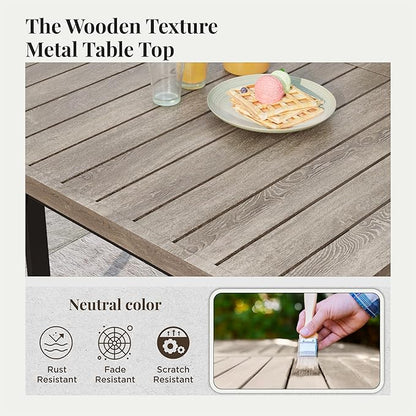 7-Piece Outdoor Dining Set 6 Brown Textilene Chairs and Steel Tabletop with Wood Grain Rectangle Table for Deck Garden Backyard Lawn Poolside