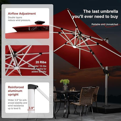 PURPLE LEAF 11 Feet Double Top Deluxe Solar Powered LED Square Patio Umbrella Offset Hanging Umbrella Outdoor Market Umbrella Garden Umbrella, Terra