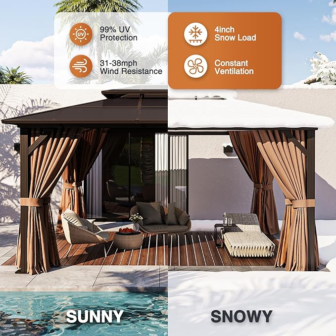 JolyDale14'x12' Hardtop Gazebo, Outdoor Polycarbonate Double Roof Pavilion with Aluminum Frame, Netting, and Curtains, Ideal for Patios, Gardens, and Backyards