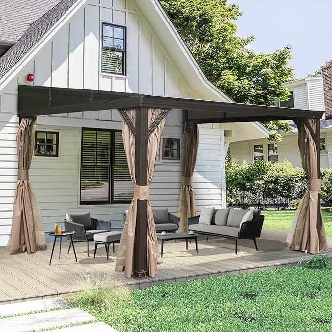 Domi 10x12FT Wall-Mounted Hardtop Gazebo, Aluminum Lean to Gazebo with Galvanized Steel Sloping Roof, Curtains & Netting for Outdoor Patio, Deck, Backyard, Garden Parties