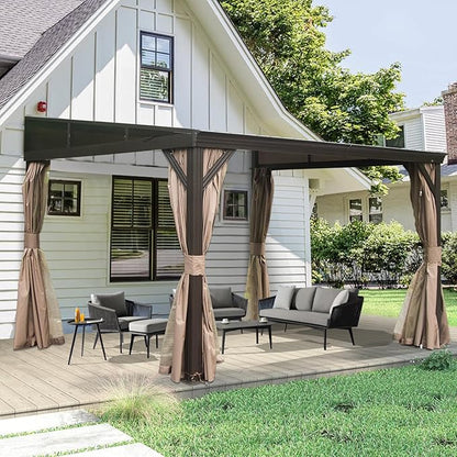 Domi 10x12FT Wall-Mounted Hardtop Gazebo, Aluminum Lean to Gazebo with Galvanized Steel Sloping Roof, Curtains & Netting for Outdoor Patio, Deck, Backyard, Garden Parties