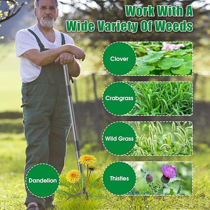 Weed Puller Tool, Stand Up Manual Weeder, Heavy Duty Garden Weeding Tool with 60 inch Long Handle,4 Claw Steel Head, Uprooting Dandelion Removal Gardening Tools for Lawn Grass Grabber