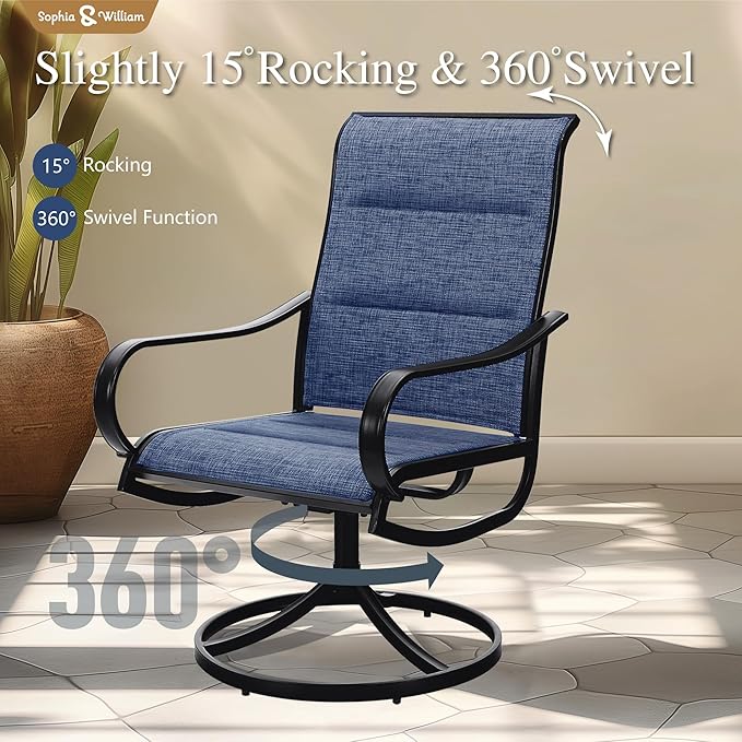 Sophia & William Outdoor Patio Chairs Set of 4, Swivel Patio Chair with Padded Textilene and Black Metal Frame, Good for Lawn Yard Garden All Weather (Blue)