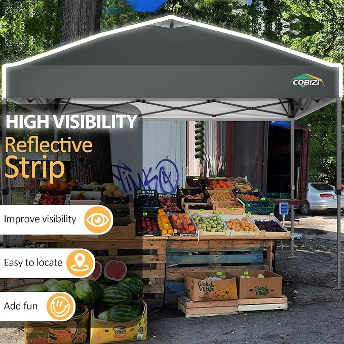COBIZI Canopy 10x10 Pop Up Canopy Tent 1-Button Push Easy up Outdoor Canopy Instant Portable Commercial Shelter Waterproof UPF50+ Gazebo with Reflective Strip, Air Vent & 4 Sandbags,Grey