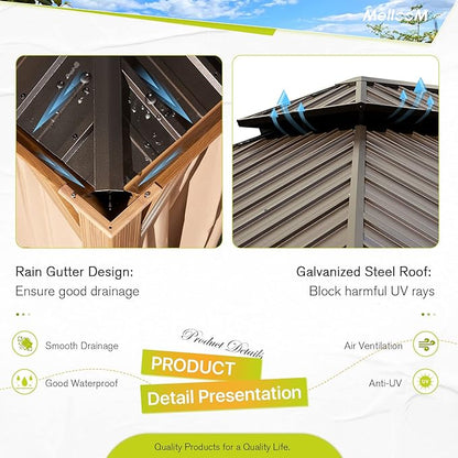 MELLCOM 12'x12' Hardtop Gazebo, Wooden Finish Coated Aluminum Frame Canopy with Galvanized Steel Roof, Outdoor Metal Gazebos with Curtains and Nettings for Patio, Backyard, Deck and Lawns