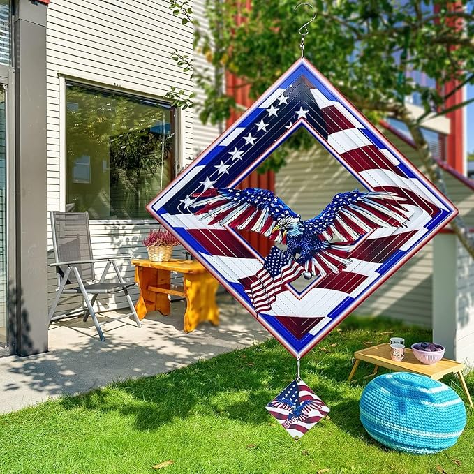 Wind Spinner for Outdoor,12 inch Hanging Wind Sculpture,3D Stainless Steel Flag Eagle Design Wind Spinners Art Ornaments for Garden Yard Balcony Decor (Flag Eagle Wind Spinner)