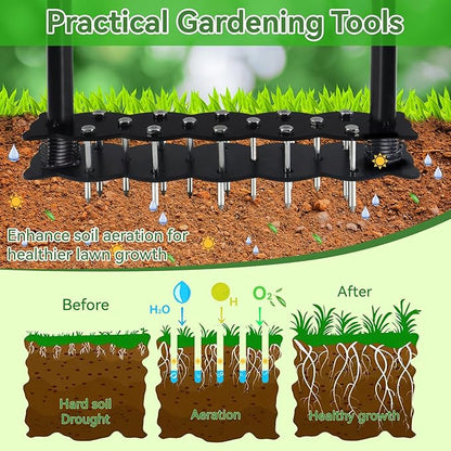 Lawn Aerator -Aerator Lawn Tool with 14 Iron Spikes, Automatic Dirt and Leaf Clean with Spring-Loaded Design, Height Adjustable Metal Manual Aerator, Soil Loosening, Yard Aerating, Garden Tool