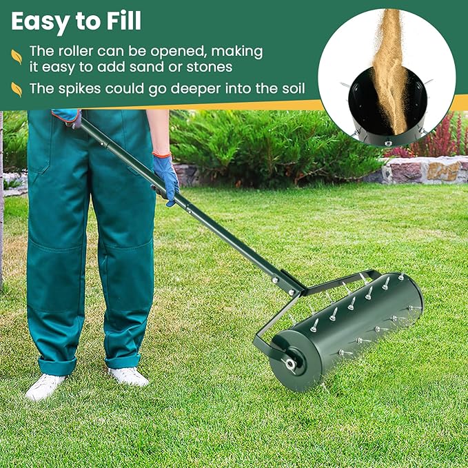 Goplus Rolling Lawn Aerator, 21-Inch Garden Yard Rotary Push Tine Filled Sand Stone, Heavy Duty Spike Soil Aeration w/Metal Handle, Fillable Drum 51" Manual Lawn Aeration Tool Garden Grass Patio Yard