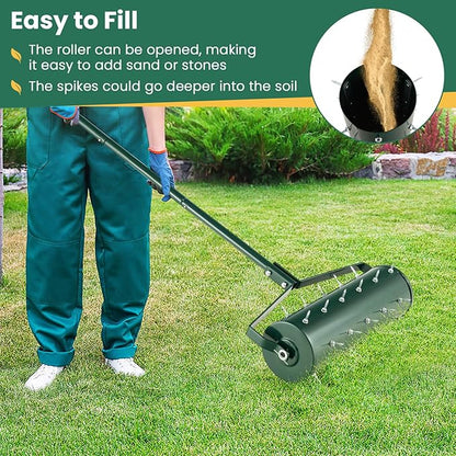 Goplus Rolling Lawn Aerator, 21-Inch Garden Yard Rotary Push Tine Filled Sand Stone, Heavy Duty Spike Soil Aeration w/Metal Handle, Fillable Drum 51" Manual Lawn Aeration Tool Garden Grass Patio Yard