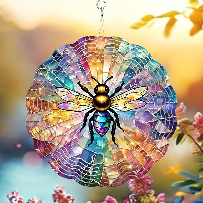 Bee Wind Spinner, 3D Hanging Stainless Steel Garden Spinner, Wind Spinner Hanging for Outdoor & Indoor Décor, Unique Gifts for Yard Garden Decoration or Patio Décor (Bee)