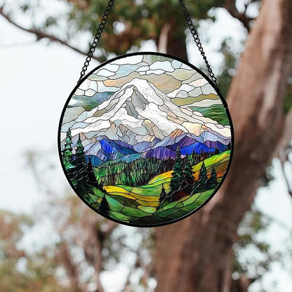 Stained Glass Window Hanging 4 Pcs Set Mountains Lake Green White Landscape Large 15" - Suncatcher Door Garden Sun Catcher Decor Birthday Christmas for Mom Woman Nana Men