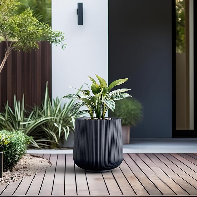 Kante 13.0" Dia Round Fluted Concrete Planter, Large Plant Pot with Drainage, Smooth Charcoal Finish with Warm Brown Interior, for Indoor and Outdoor Use