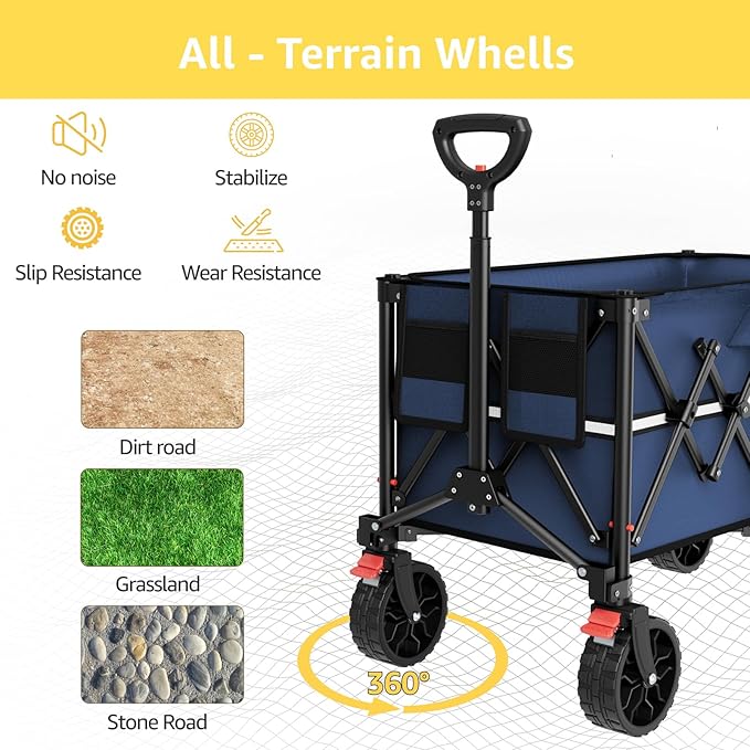 Collapsible Wagon Cart with Wheels Foldable - Folding Utility Heavy Duty Wagons Carts for Grocery Sports Garden Shopping Camping Wheelbarrows (Navy Blue, 150L)