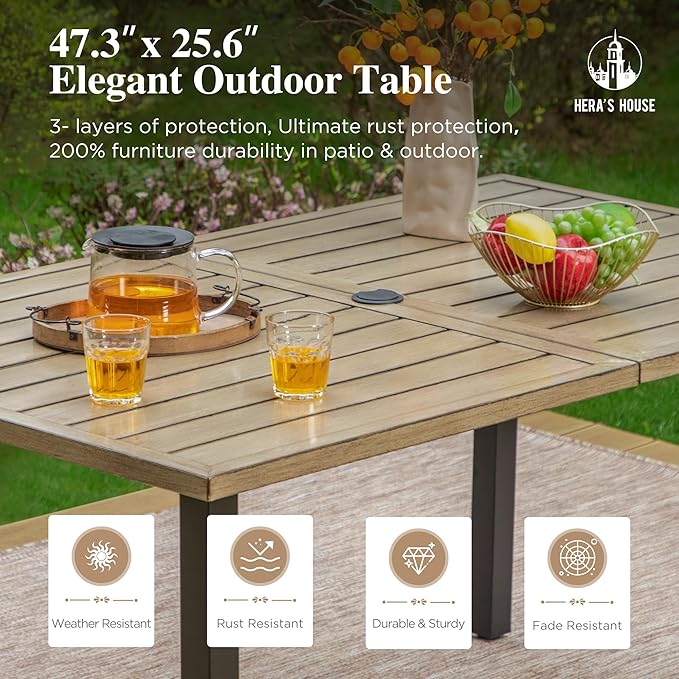 HERA'S HOUSE 7-Piece Outdoor Dining Set for 6, 60" Weather-Resistant Metal Patio Table with 6 Foldable Blue Chairs, Perfect for Garden, Backyard, Porch & Lawn (Space-Saving Design)