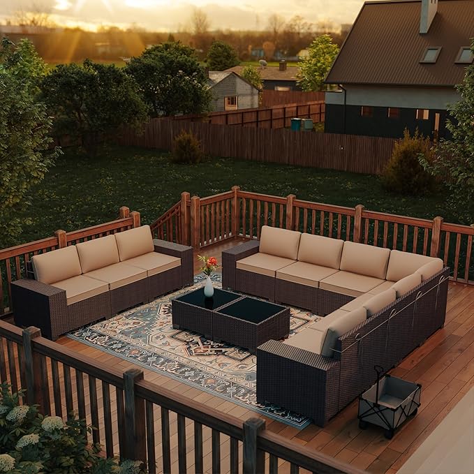 Outdoor Patio Furniture Set, 12 Pieces Outdoor Furniture All Weather Patio Sectional Sofa PE Wicker Modular Conversation Sets with Coffee Table,10 Chairs & Seat ClipsBrown.