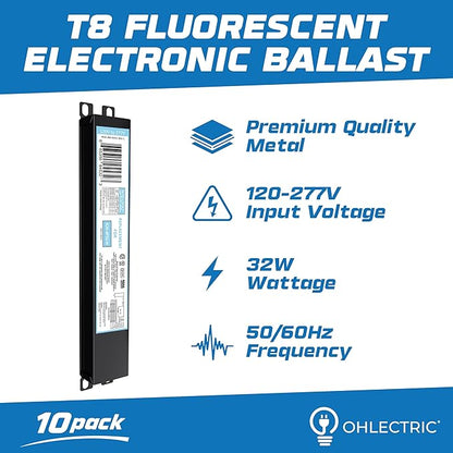 OHLECTRIC 10 Pack - Replacement for ICN4P32-SC 3&4 Lamp - T8 Fluorescent Ballast, Electronic Ballast Replacement 120-277 Volt, Instant Start - Standard and Energy Efficient Ballasts - UL Approved
