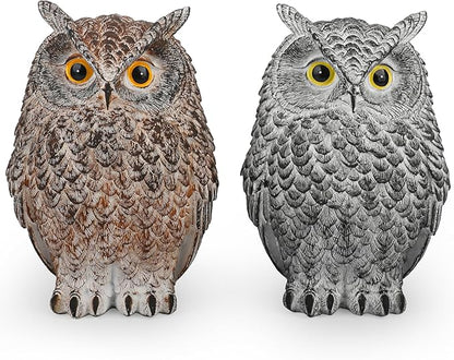 2 Pack Realistic Owl Statues for Indoor & Outdoor Decoration, Effective Birds Deterrent for Garden, Patio, Yard, and Home Decor, Suitable for Spring Decor (Brown & Gray)