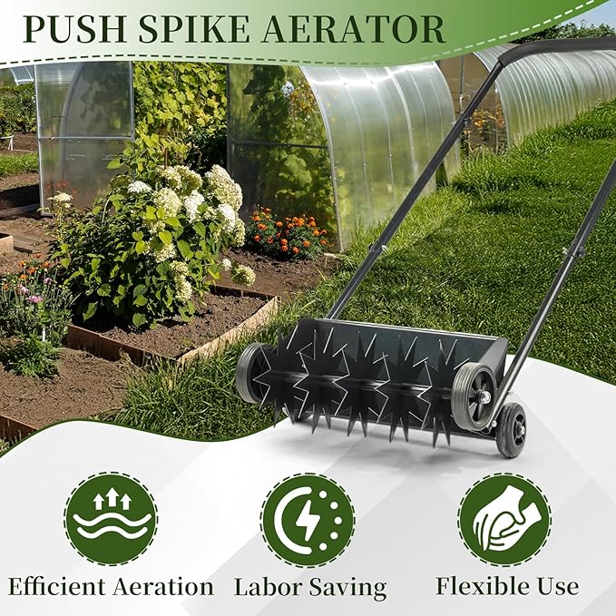 VINGLI Lawn Aerator, 19-Inch Heavy Duty Push Spike Aerator with 4 Wheels, Easy-to-Assemble, 45'' Push Rolling Aerator for Lawm, Yard and Garden(Black)