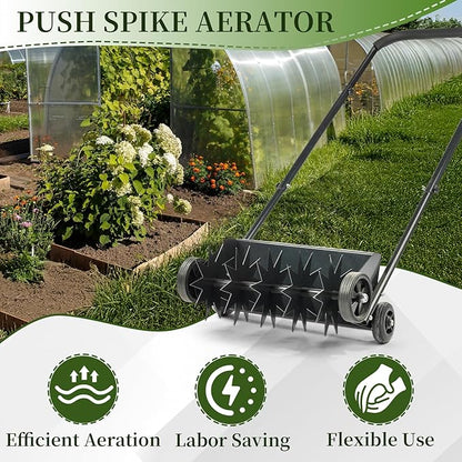 VINGLI Lawn Aerator, 19-Inch Heavy Duty Push Spike Aerator with 4 Wheels, Easy-to-Assemble, 45'' Push Rolling Aerator for Lawm, Yard and Garden(Black)