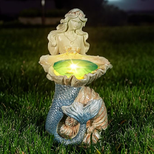 12" Mermaid Garden Lighting Statue Art, Solar Night Light, Yard Sculpture, Outdoor Lawn Solar Decor, Powered Statue, Landscape Path Light Ornament Figurine, Vivid Mermaid Lamp