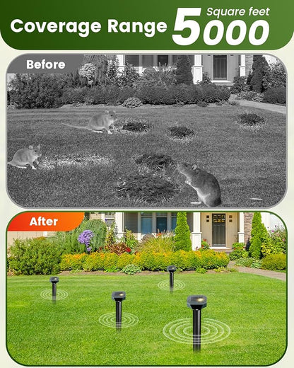 Snake & Mole & Skunk & Rabbit Repellent Solar Powered, Ultrasonic Deterrent, IP65 Waterproof, to Get Rid of Gopher, Groundhog, Rodent, Chipmunk, Raccoon, and Vole for Lawn & Garden, 4 Pack