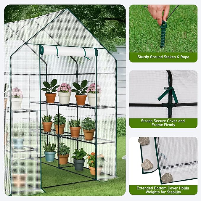 Outvita Walk-in Greenhouse, Outdoor Durable PE Plant Green House for Frost Protection with 3 Tiers 8 Shelves, Shelf Clips, Roll-up Zipper Door, 56"x56"x77" White