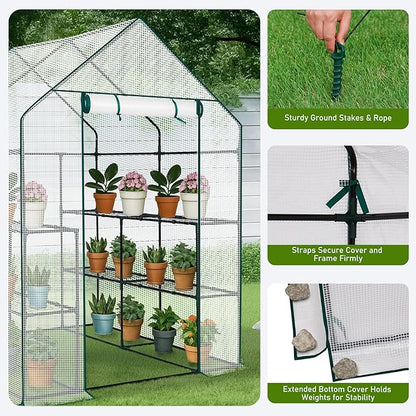 Outvita Walk-in Greenhouse, Outdoor Durable PE Plant Green House for Frost Protection with 3 Tiers 8 Shelves, Shelf Clips, Roll-up Zipper Door, 56"x56"x77" White