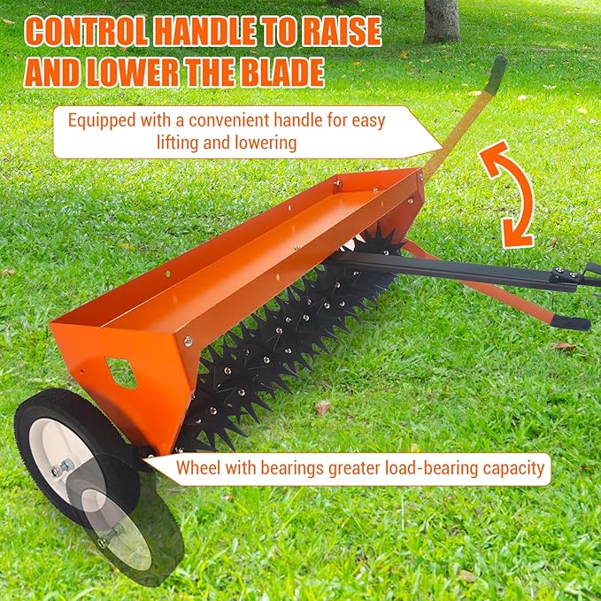 Tow Behind Aerator 40 Inch with Steel Teeth and Transport Wheels, Adjustable Handle Pull Behind Plug Aerator with Tray for Farm Lawn Garden, Durable Lawn Aeration Tool