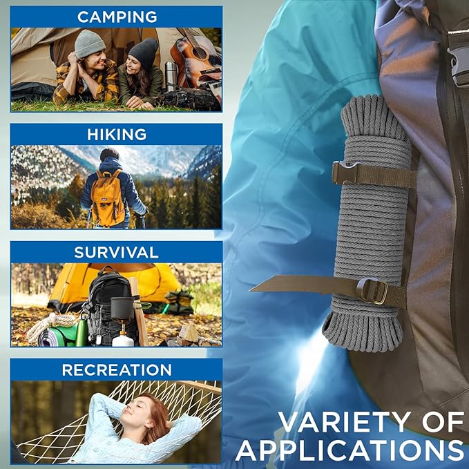 TECEUM Cotton Rope 3/16” (5 mm) – 50 FT – Strong All-Purpose Braided Rope – Natural Cotton – for Crafting, Сamping, Clothes Line, DIY, Indoor & Outdoor Use – Gray