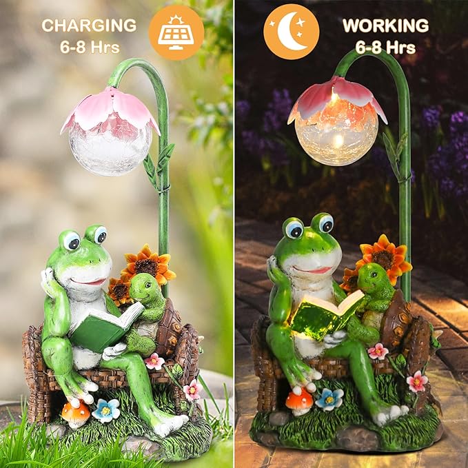 A-First Solar Garden Outdoor Statues Frog Turtle Reading Sculptures Figurine with Solar Lights for Patio Balcony Yard Ornament Outdoor Decor Gift
