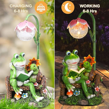 A-First Solar Garden Outdoor Statues Frog Turtle Reading Sculptures Figurine with Solar Lights for Patio Balcony Yard Ornament Outdoor Decor Gift
