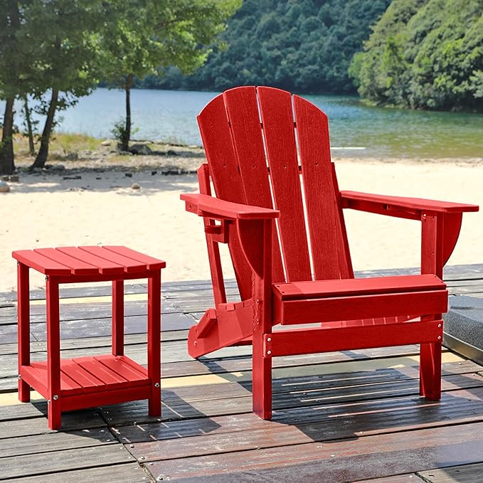 Folding Adirondack Chair, HDPE Outdoor Texture Lawn Chair with Reclining Back, Cup and Phone Holder - Comfortable Firepit Chair Weather Resistant for Patio or Backyard (Red, Set of 1)