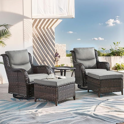 Patio Conversation Set with Smile-Shaped Cushions, Luxury Outdoor Swivel Chairs with Side Table and Ottomans, 5PCS PE Rattan Swivel Glider Chairs Set, Brown Wicker|Grey Cushions